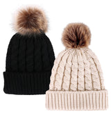 2 Pcs Womens Winter Knit Faux Fur Pompoms Beanie Hat