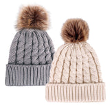 2 Pcs Womens Winter Knit Faux Fur Pompoms Beanie Hat