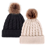 2 Pcs Womens Winter Knit Faux Fur Pompoms Beanie Hat