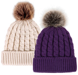 2 Pcs Womens Winter Knit Faux Fur Pompoms Beanie Hat