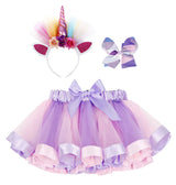 Girls Rainbow Tutu Skirt w/ Unicorn Headband & Hair Bow