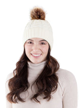 Womens Winter Hand Knit Faux Fur Pompoms Beanie Hat