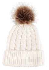 Womens Winter Hand Knit Faux Fur Pompoms Beanie Hat