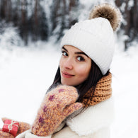 Womens Winter Hand Knit Faux Fur Pompoms Beanie Hat