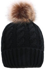 Womens Winter Hand Knit Faux Fur Pompoms Beanie Hat