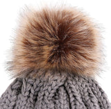 Womens Winter Hand Knit Faux Fur Pompoms Beanie Hat