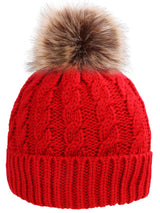 Womens Winter Hand Knit Faux Fur Pompoms Beanie Hat