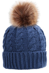 Womens Winter Hand Knit Faux Fur Pompoms Beanie Hat