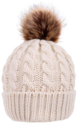 Womens Winter Hand Knit Faux Fur Pompoms Beanie Hat