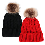 2 Pcs Womens Winter Knit Faux Fur Pompoms Beanie Hat