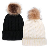 2 Pcs Womens Winter Knit Faux Fur Pompoms Beanie Hat