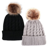 2 Pcs Womens Winter Knit Faux Fur Pompoms Beanie Hat