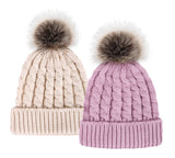 2 Pcs Womens Winter Knit Faux Fur Pompoms Beanie Hat