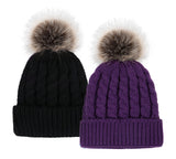 2 Pcs Womens Winter Knit Faux Fur Pompoms Beanie Hat