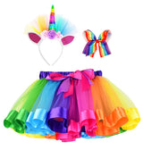 Girls Rainbow Tutu Skirt w/ Unicorn Headband & Hair Bow