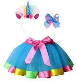 Girls Rainbow Tutu Skirt w/ Unicorn Headband & Hair Bow