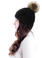 Women's Winter Soft Knit Beanie Hat with Faux Fur Pom Pom