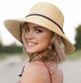 Women's Wide Brim Straw Sun Hat with Lanyard